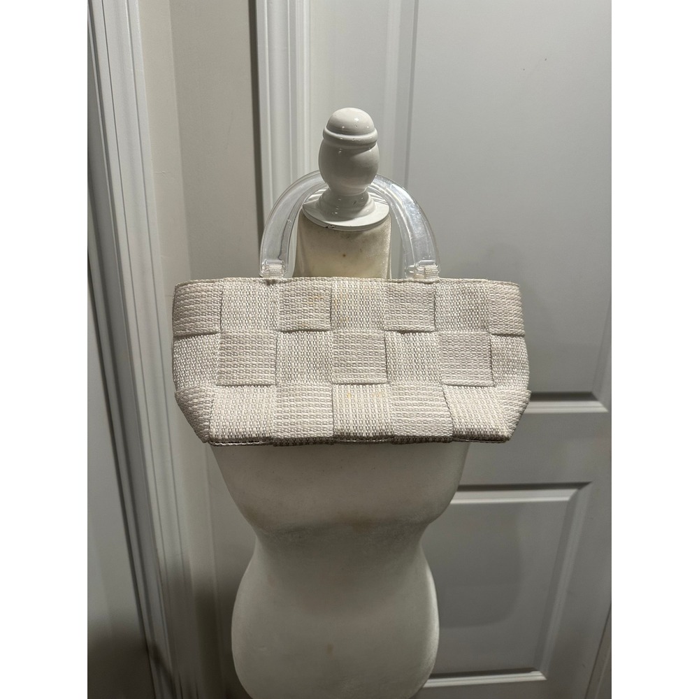Woven Straw Tote Handbag Clear Lucite Handles Beach Summer Style